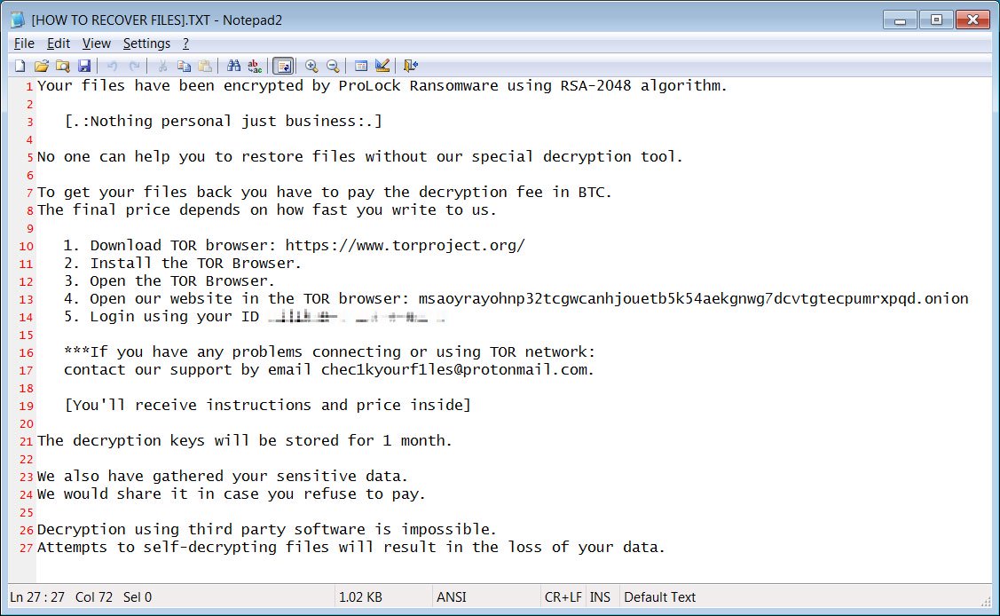 Poruka o otkupnini - ProLock ransomware